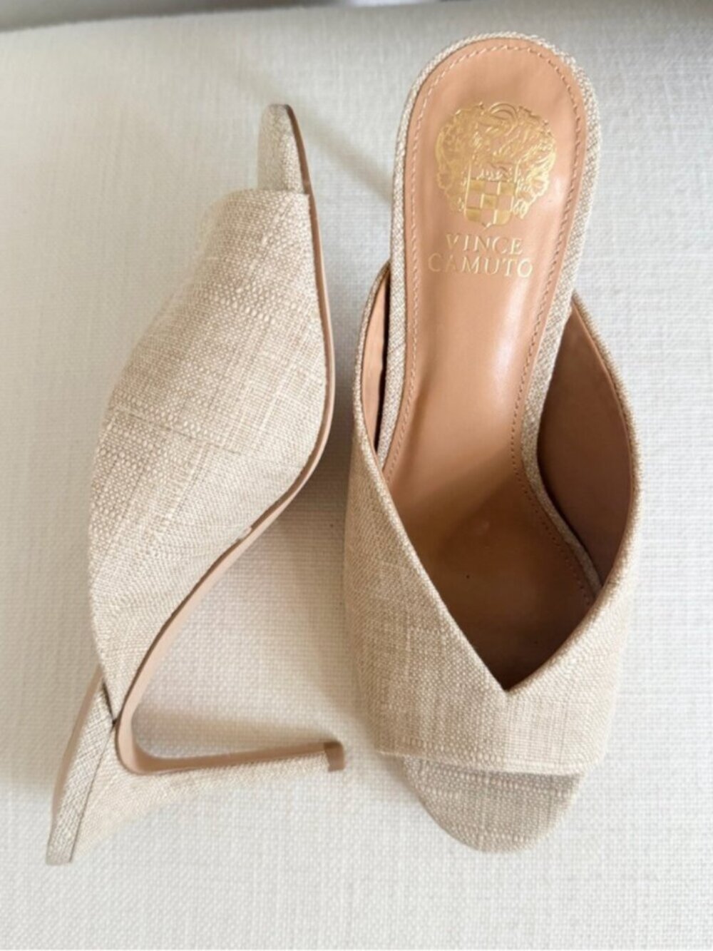 Vince Camuto Treena Linen Mule Heels NWT Natural Beige Slide Sandals Size 8